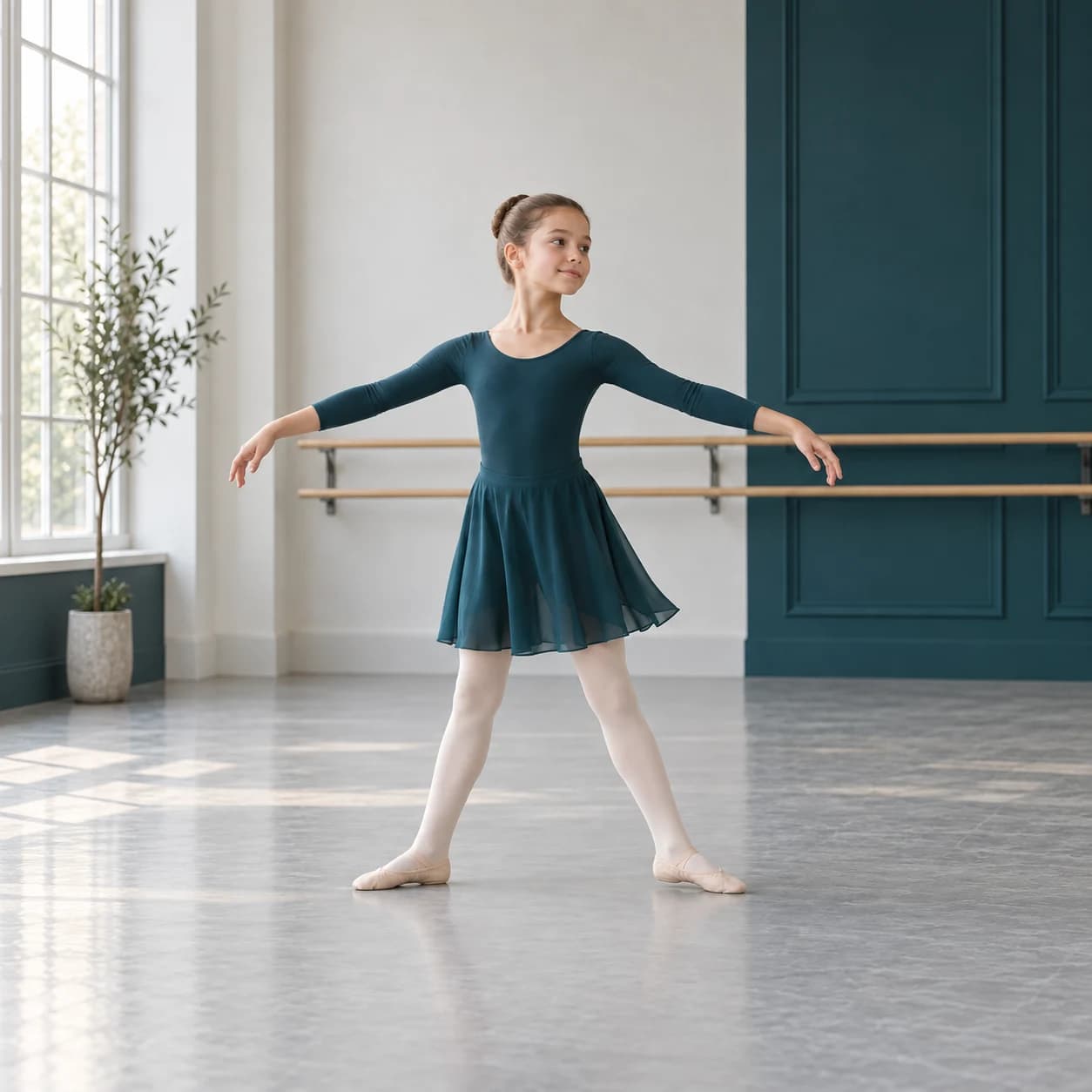 Illustration: a young ballet dancer practicing in a bright studio