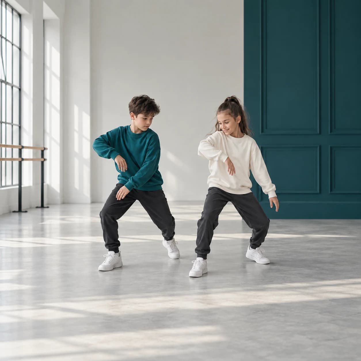 Illustration: children practicing a hip-hop step in a studio