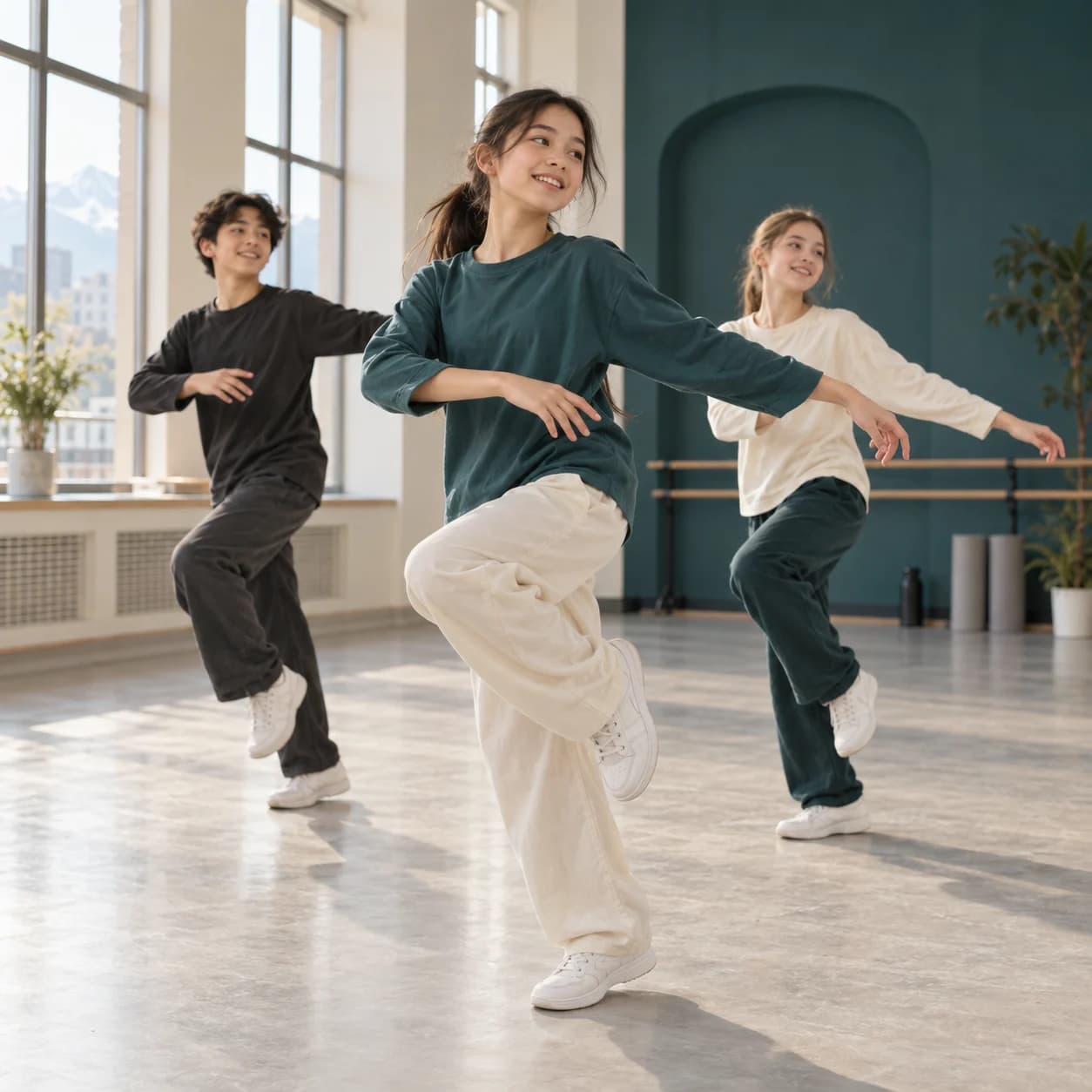 Illustration: three young dancers rehearsing together in a bright studio